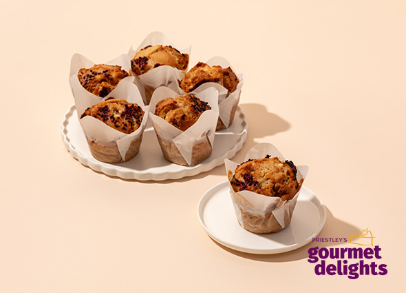 PRIESTLEY'S RASP & WHITE CHOC MUFFIN 150G 4INNER X 6PC