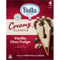 BULLA VANILLA CHOC FUDGE ICE CREAM CONES 4X4PACK