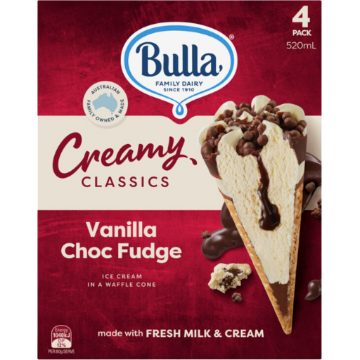 BULLA VANILLA CHOC FUDGE ICE CREAM CONES 4X4PACK